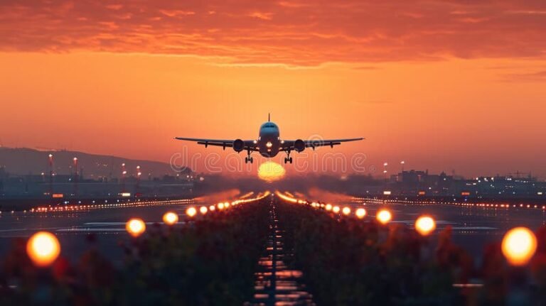 avion despegando sobre ciudad al amanecer