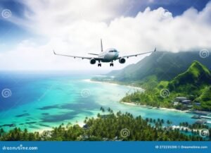 avion volando sobre paisaje tropical y urbano