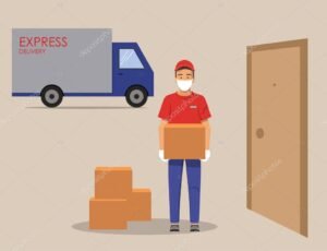 camion de paqueteria entregando paquete en puerta