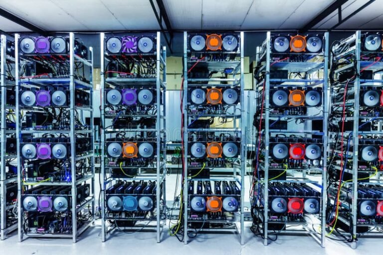 granja de mineria bitcoin con computadoras modernas