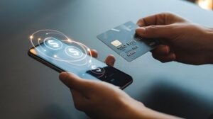 mano sosteniendo tarjeta credito y smartphone