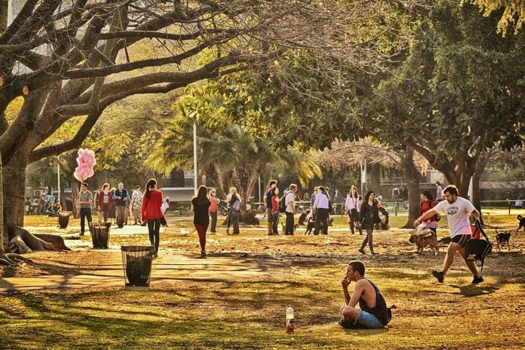 paisaje urbano con gente disfrutando parque