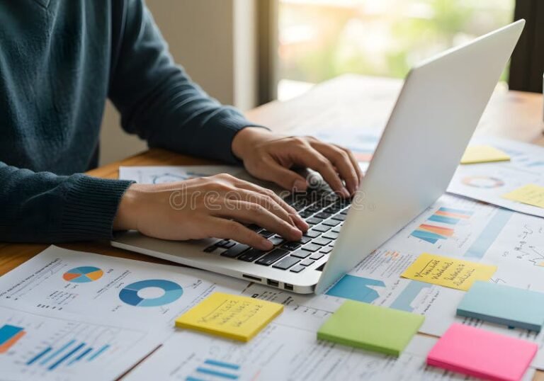 persona trabajando con documentos y computadora