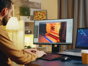 persona trabajando diseno grafico en laptop hogar