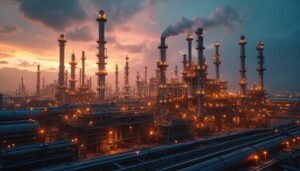 refineria de petroleo con torres industriales al atardecer